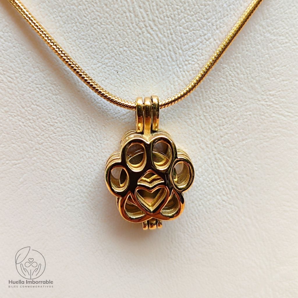 Relicario de mascotas Patita Broche Dorado Joya porta cenizas huellita broche dorada